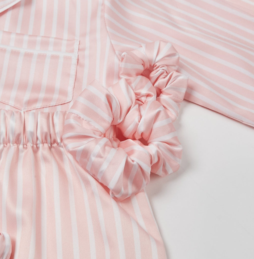 BABY PINK & WHITE stripe satin scrunchies - CHILD & ADULT