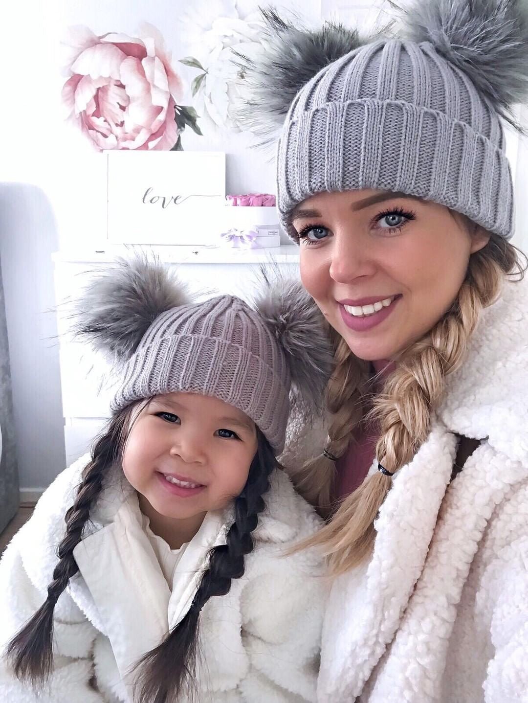 Grey double bobble hat ADULT – Mini Twinni